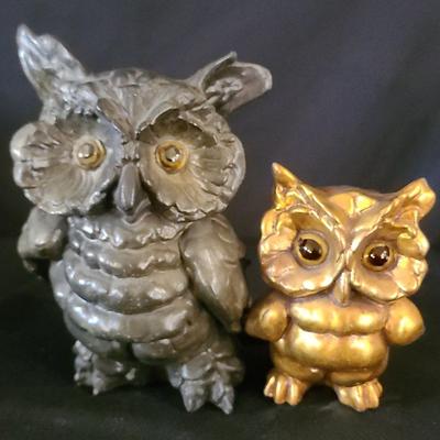 2 Kay Finch Ceramic Owls One Gold One Brown