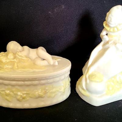 Belleek Baby Sleeping Container & A Belleek Mischievous Elf Figurine