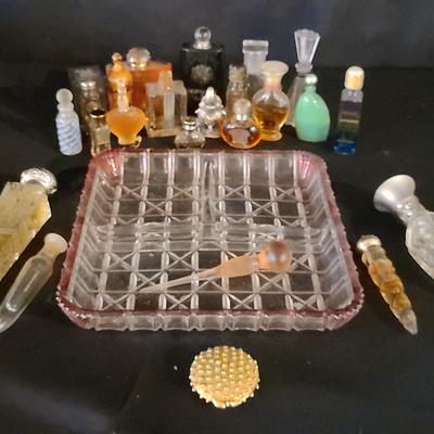Perfume Bottles, Vintage Compact And Cut Glass Tray