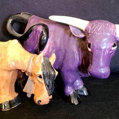 Vintage Brayton Laguna Pottery Sculpture Purple Ox & Orange Donkey 