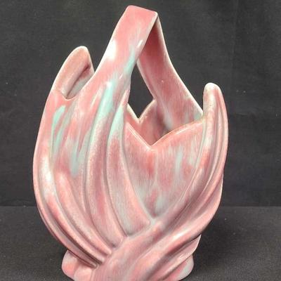 Mid-Century West Coast Pottery Flame Basket Vase – Pink & Aqua Glaze #207