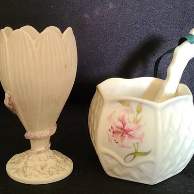 Belleek Floral Mini Vases & A Belleek Irish Shillelaghs