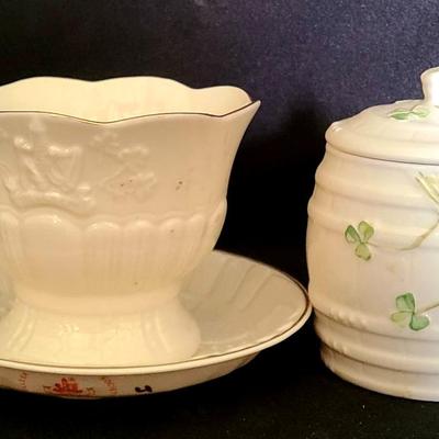 Limited Edition Belleek Barrel Marmalade & A Belleek Dish And Mini Pot