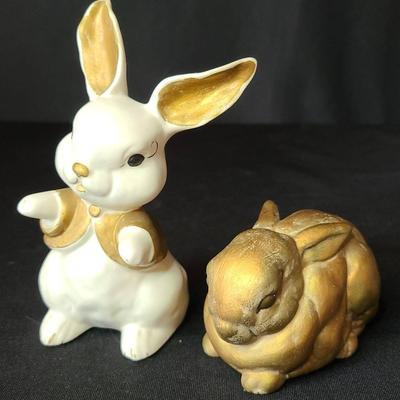 Pair of Decorative Bunny Figurines – Standing and Resting with Gold Accents by Kay Finch