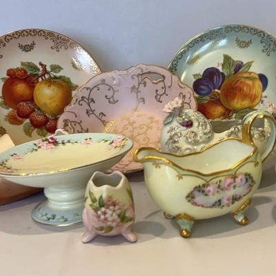Mitterteich Bavaria Germany Fruit Plates. Pink/Gold Bowl, Pretty Lefton China Vase, & More