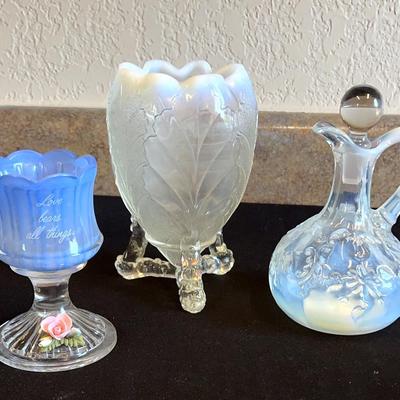 Fenton Candle Holder, Northwoods Handled Cruet & Oakleaf Ruffled Edge Spooner