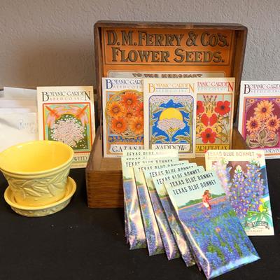 McCoy Leaves and Hobnail Planter, Vintage D.M. Ferry & Co.'s Flower Seeds Wooden Box & Seeds Galore