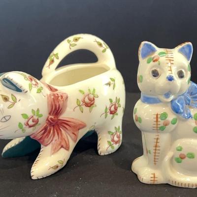 Vintage Kitten Planter Stitched Patchwork Ceramic Floral Handle And Vintage Porcelain Calico Cat