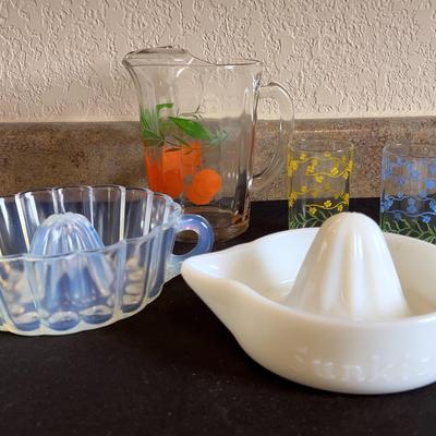 Juice Collection - Anchor Hocking Orange Juice Pitcher, Vintage Reamers & Swanky Swigs Glasses