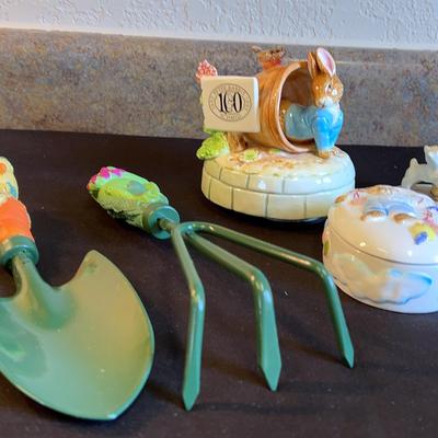 Schmid Peter Rabbit Music Box, Hummel Frisky Friends Figurine, Blalosky Box & Avon Vintage Tool Set