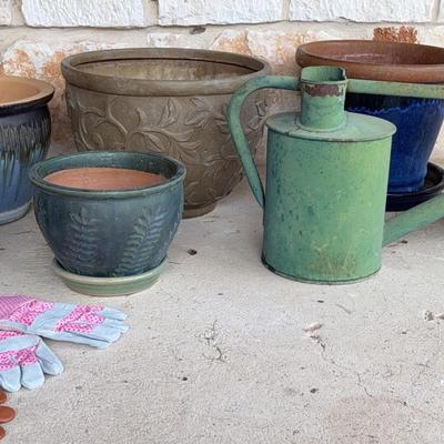 Collection of pots, watering tin & gloves! 