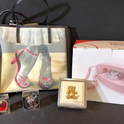 A Lady’s Lot - Pink phone; Sassy bag, purse holders, alarm clock and perfume compact 