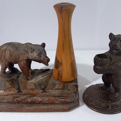 Antique Black Forest “Happy Bear” And Ink Well And Pen Holder Carvings