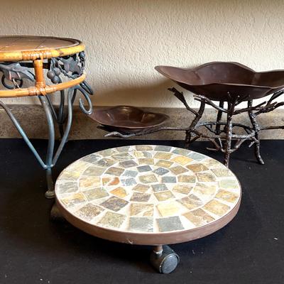 Plant Lovers Collection - Rolling Plant Stand, Rattan & Metal Plant Stand And Tiered Branch Decor