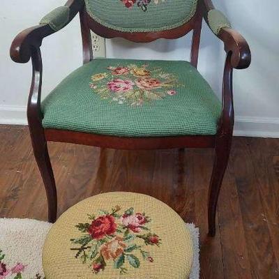 Embroidered cushion chair and footstool