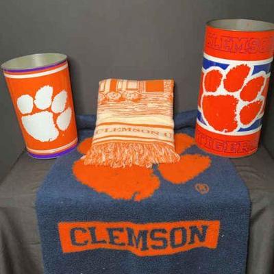Clemson trash bins and blankets