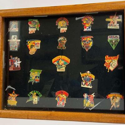 Super Heroes Pin Collection Frame – Vintage Pins Mounted on Black Backing
