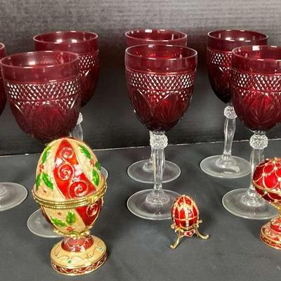 Set of 6 Ruby Red Wine Goblets & 3 Decorative Eggs