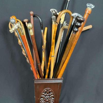 Set of 22 Walking Sticks/Canes with Wooden Holder