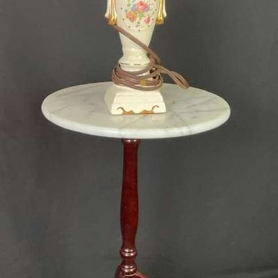 Antique Marble-Top Lamp and Side Table Set