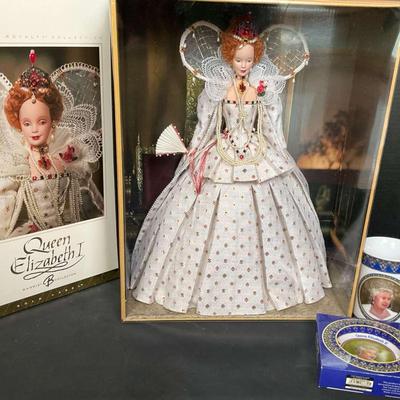 Queen Elizabeth I Barbie Doll and Queen Elizabeth II Collector Cup and Plate  