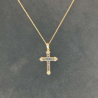 14K Gold Necklace with Diamond and Sapphire Cross