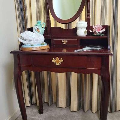 Vintage Dressing Table with Floral Porcelain Items and Avon Pitcher