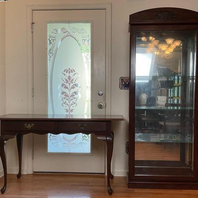 Cherry Queen Anne Sofa Table and Curio Cabinet