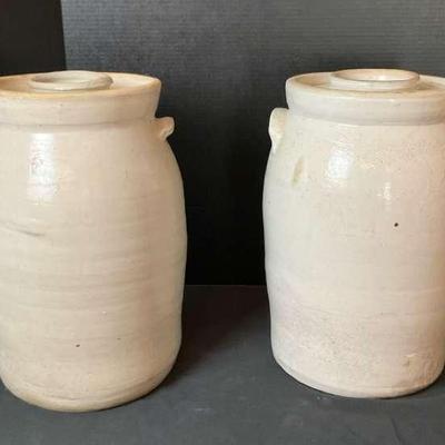 Pair of Vintage Stoneware Fermentation Crocks with Water-Seal Lids