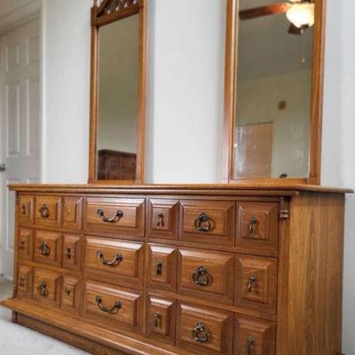 Vintage Oak Triple Dresser with Mirrors by Morris of Richmond, Quincy, Florida