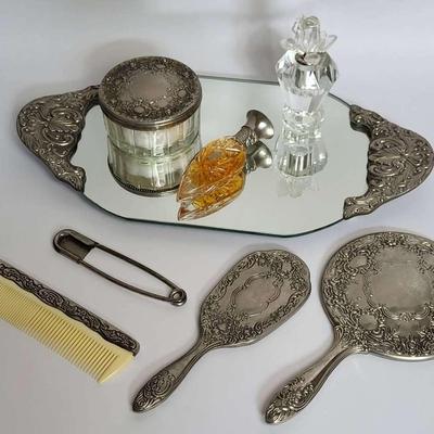 Silverplate Perfume Tray, Ralph Lauren Perfume, and Crystal Perfume Bottle Collection