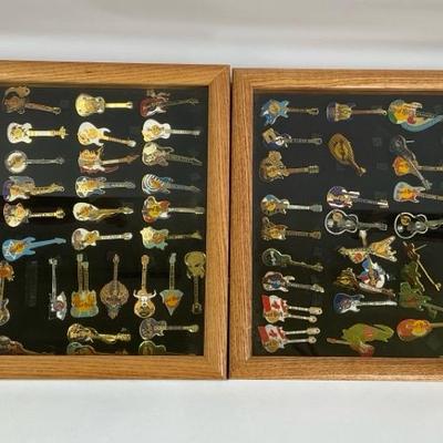 Set of Hard Rock Cafe Guitar Pins in Wooden Display Case