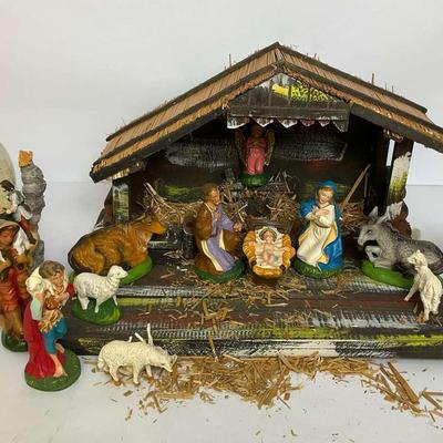 Nativity Scene with Stable, Figurines, and Water Globe