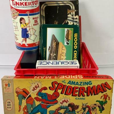 Vintage Spider-Man Game and Other Board Games with Red Storage Crate
