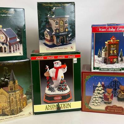 Set of 6 Ceramic Holiday Village Pieces and Animated Coca-Cola Polar Bear Display