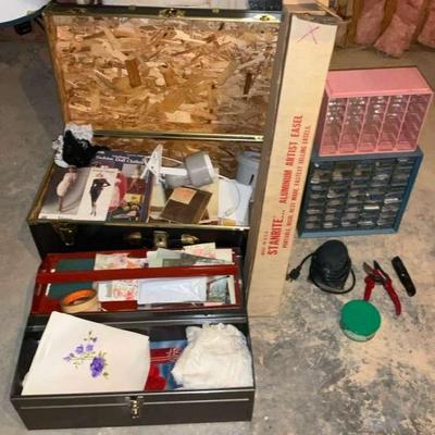 Trunk With Assorted Craft Supplies, Tools, and Artist Easel