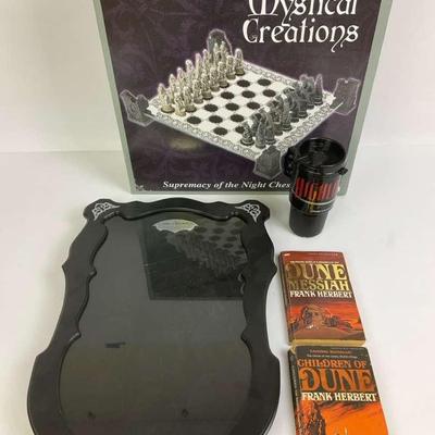Mystical Creations Chess Set, Dune Paperbacks, and Highlander Mug