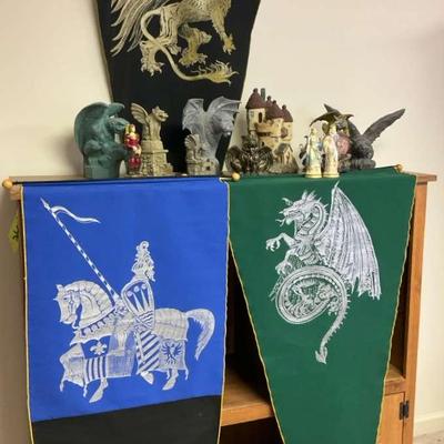 Dragon Figurine Collection with Medieval Flags
