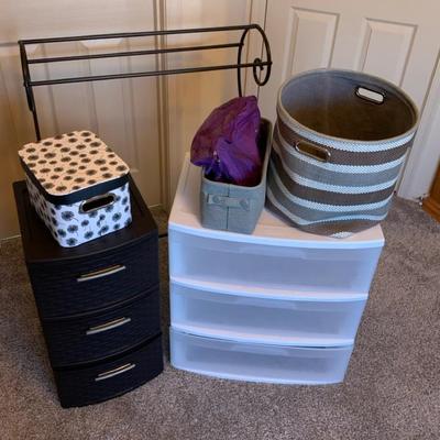 Plastic Drawers, Towel Rack And Assorted Bins