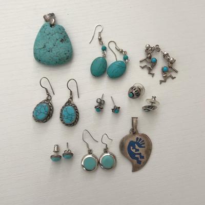 Silver And Unmarked Earrings And Necklace Charms Turquoise Unverified