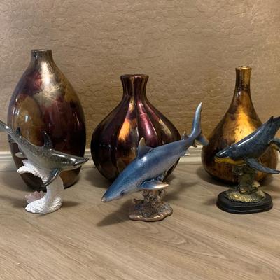 Shark And Whale Figurines With Vases 
