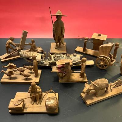 vintage wooden carved Chinese figures 