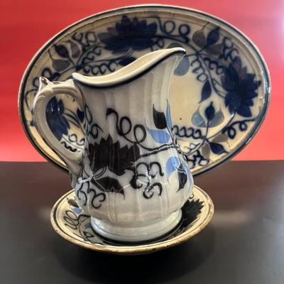 19th century blue and white stoneware jug, plate and platter
