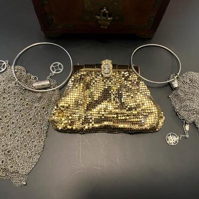 Antique Chinese jewelry box with a vintage Whiting and Davis gold mesh purse and two antique sterling silver accordion even bags