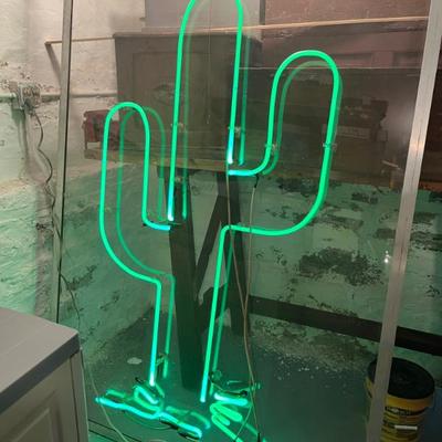 6" tall vintage neon sign of a cactus mounted on acrylic for hanging