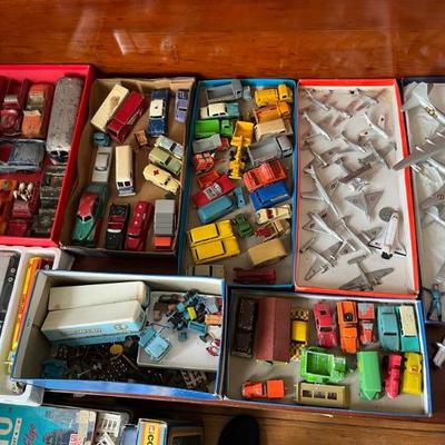 lots of toy cars, some new in box, plus vintage Matchbox, made in England