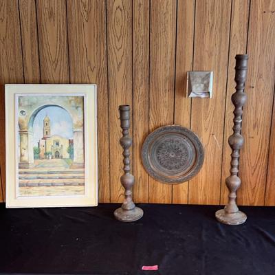 AT406 Large Engraved Brass Candlesticks, Medallion Plate And Painting