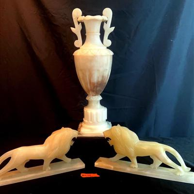 AT179 Alabaster Neoclassical Vase And Large Cat Statues