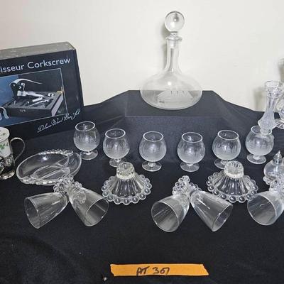AT307 Clear Glass Ship Decanter Corkscrew And More