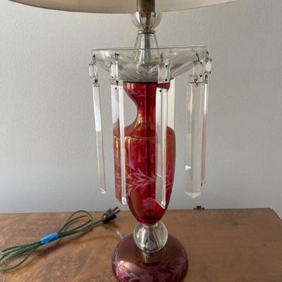 Etched Cranberry Glass Lamp with Clear Crystal Prisms No. 2